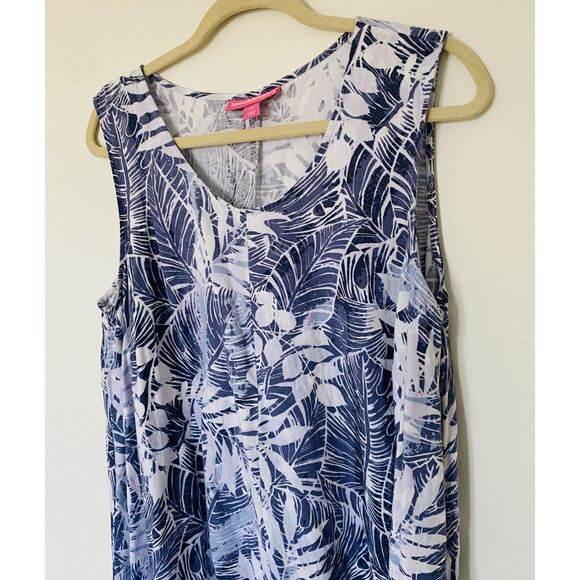 Woman Within Blue Tropical Leaf Print Sleeveless Linen Blend High Low Dress 18W - Picture 9 of 9